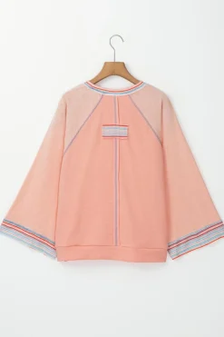 Clearance Dear-Lover Waffle Knit Wide Bracelet Sleeve Patchwork Raglan Top Grapefruit Orange