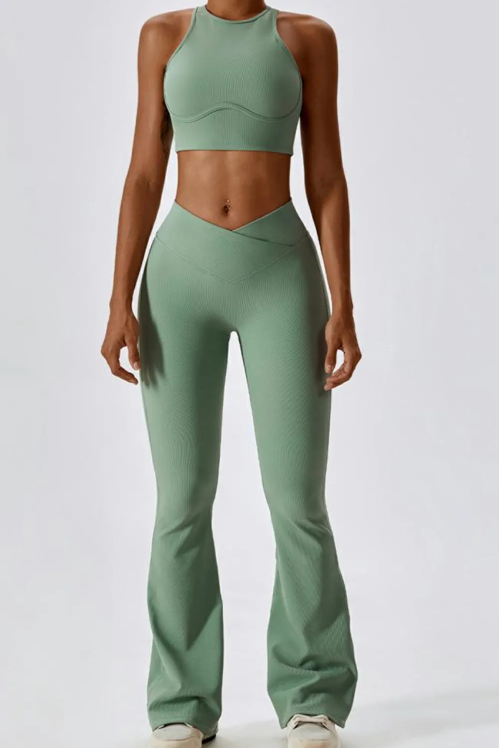 Clearance Dear-Lover Active Push up Bra and Arched Flare Pants Workout Set Grass Green