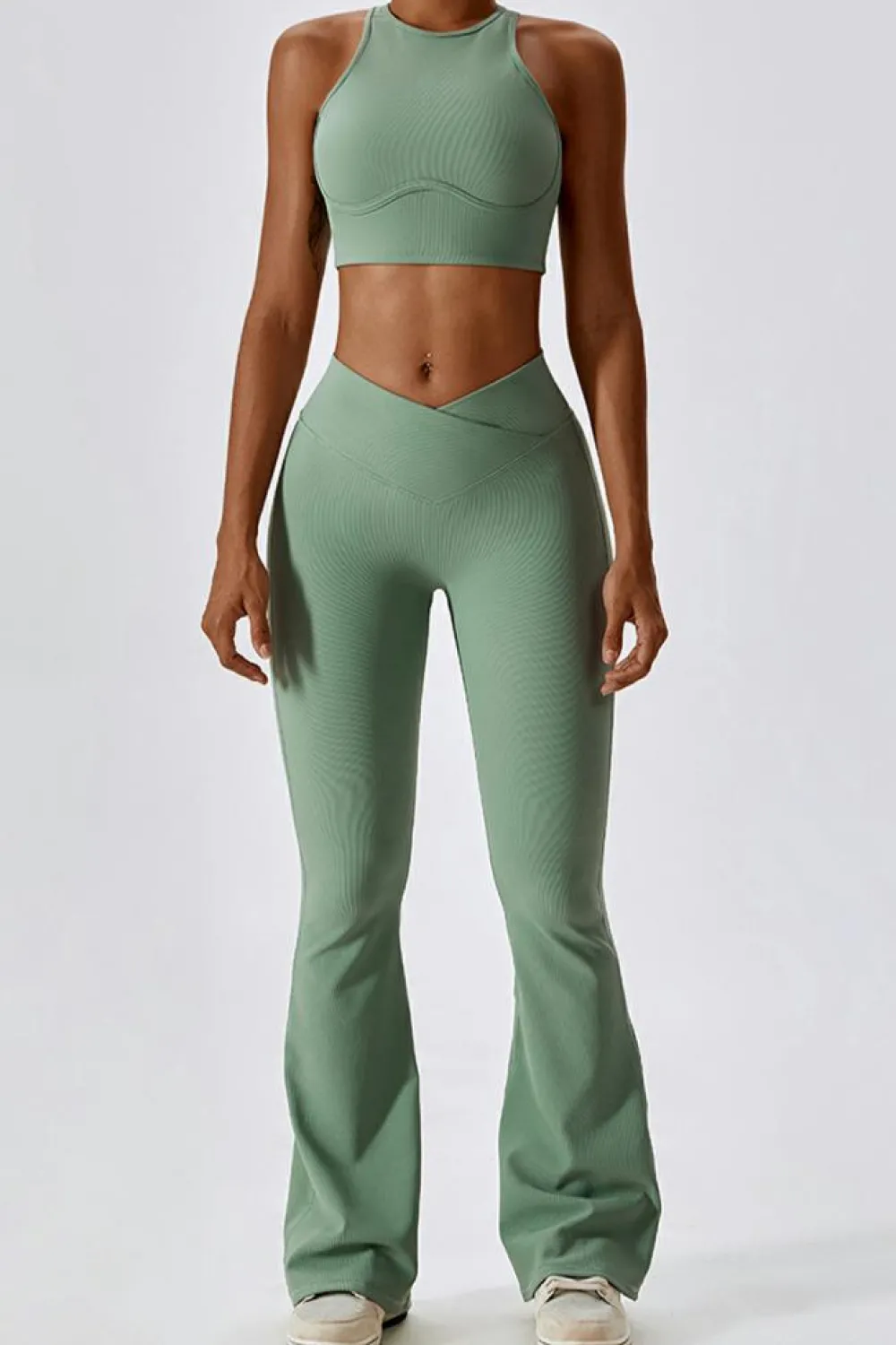 Clearance Dear-Lover Active Push up Bra and Arched Flare Pants Workout Set Grass Green