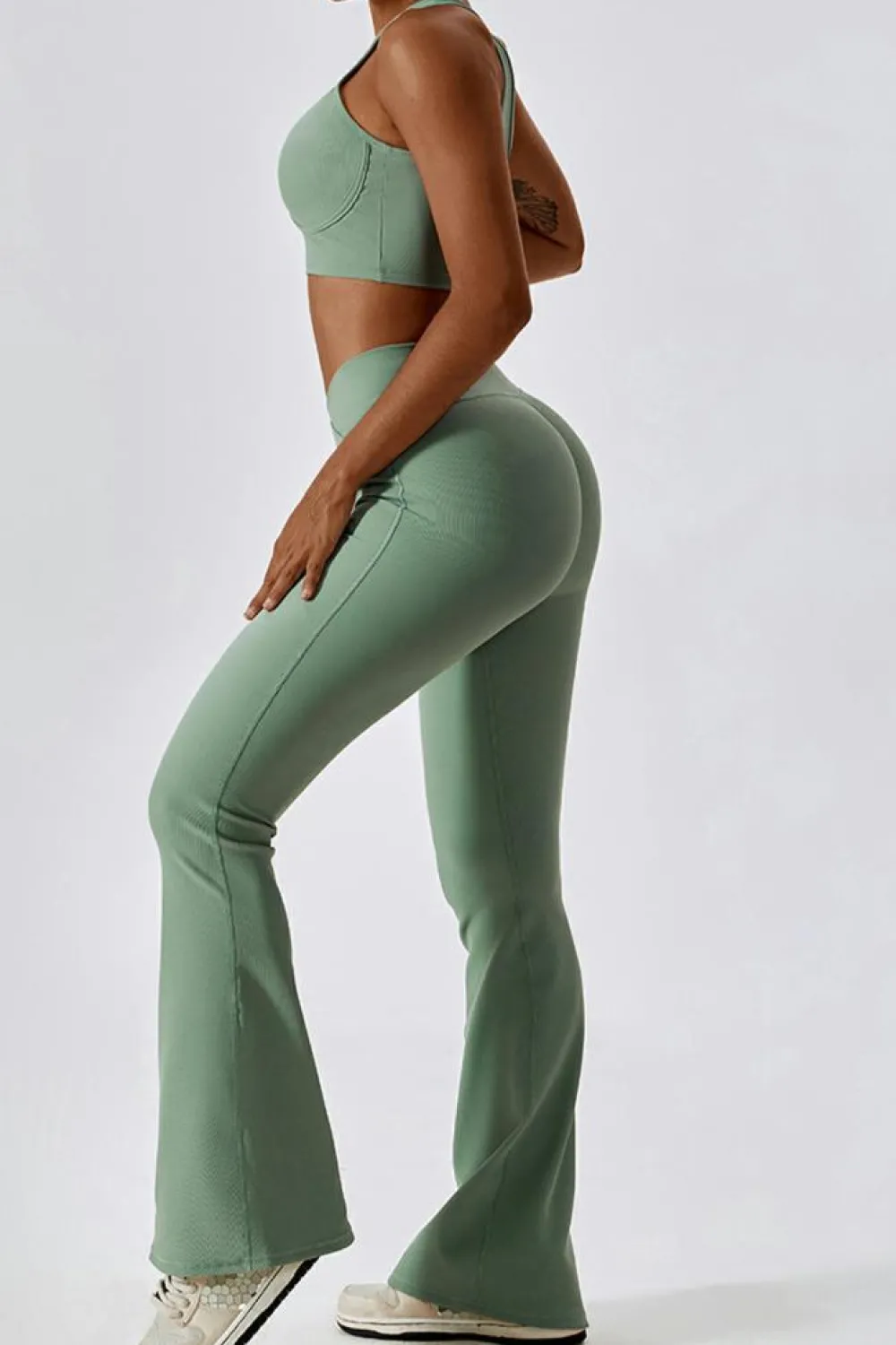 Clearance Dear-Lover Active Push up Bra and Arched Flare Pants Workout Set Grass Green