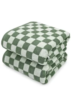 Discount Dear-Lover Checkered Print Soft Large Bath Towel Grass Green