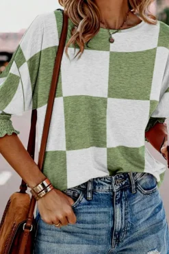 Discount Dear-Lover Mix Checkered Print Shirred Cuffs Blouse Grass Green