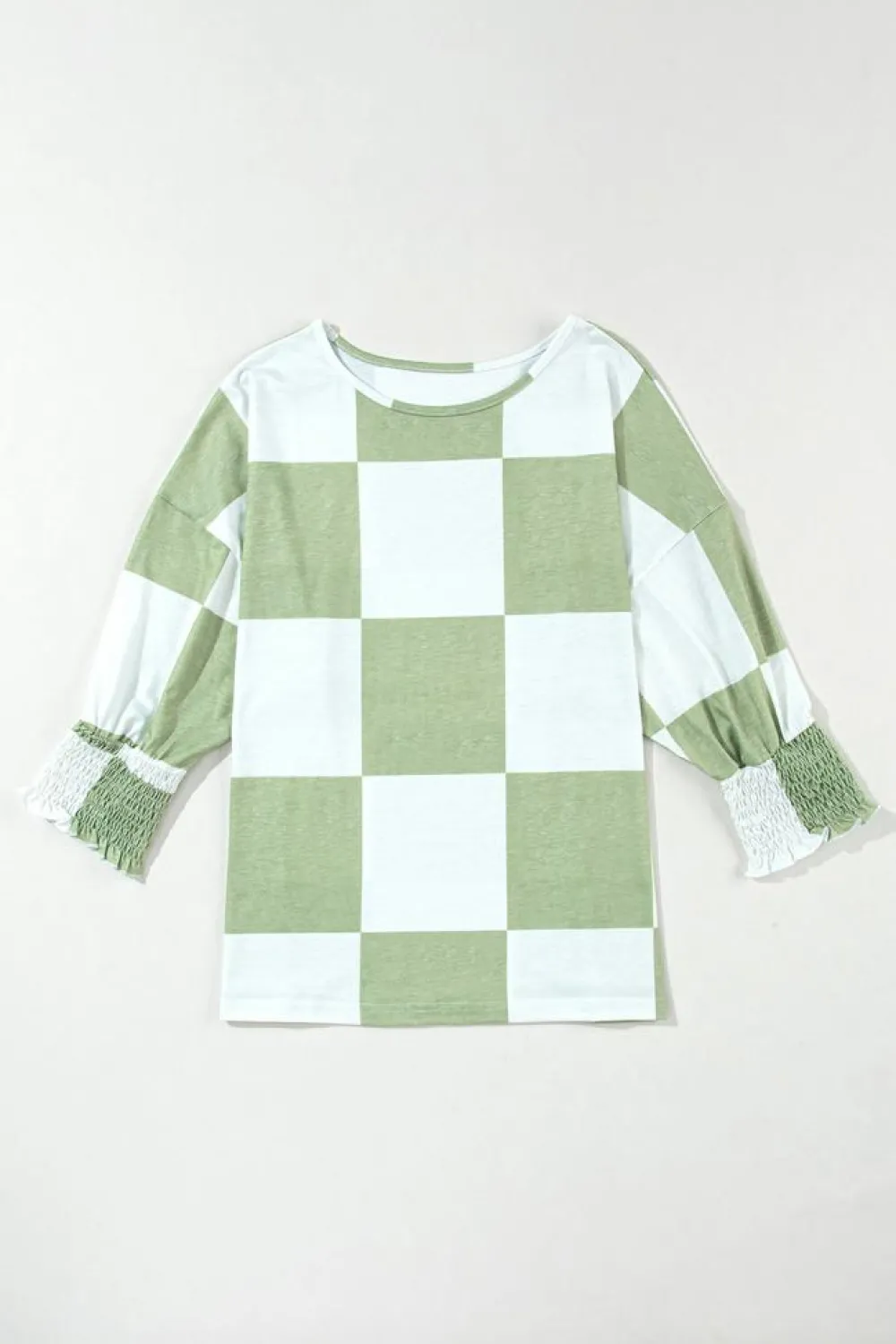 Discount Dear-Lover Mix Checkered Print Shirred Cuffs Blouse Grass Green