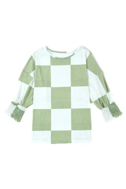Discount Dear-Lover Mix Checkered Print Shirred Cuffs Blouse Grass Green