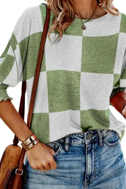 Discount Dear-Lover Mix Checkered Print Shirred Cuffs Blouse Grass Green