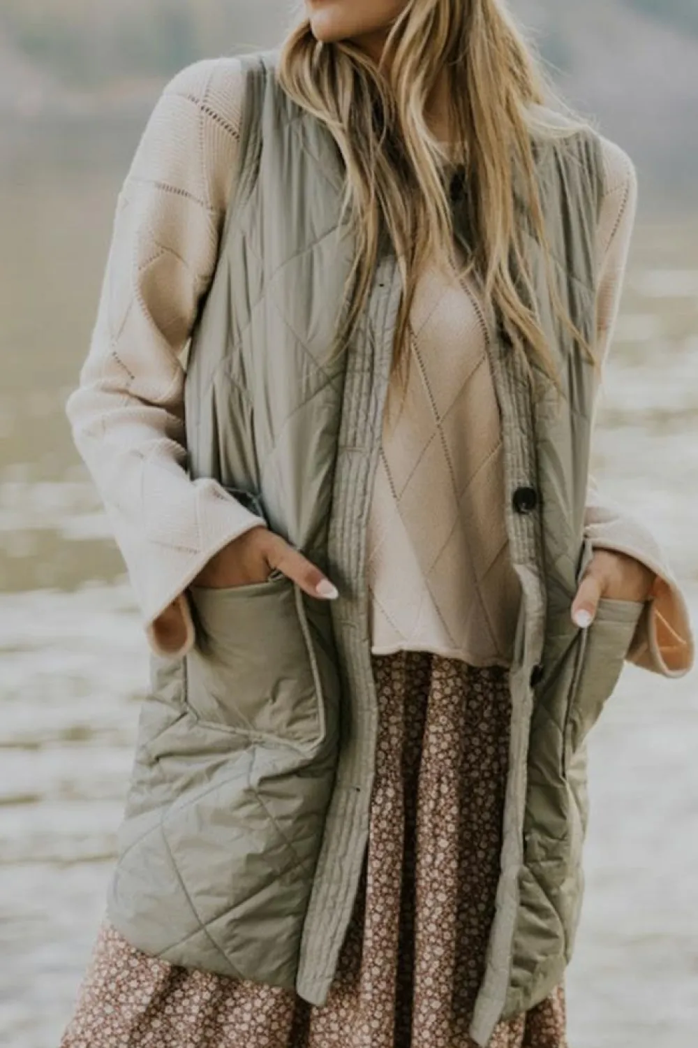Fashion Dear-Lover Quilted Long Vest Jacket with Pockets Grass Green
