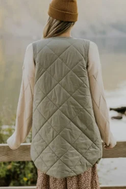 Fashion Dear-Lover Quilted Long Vest Jacket with Pockets Grass Green