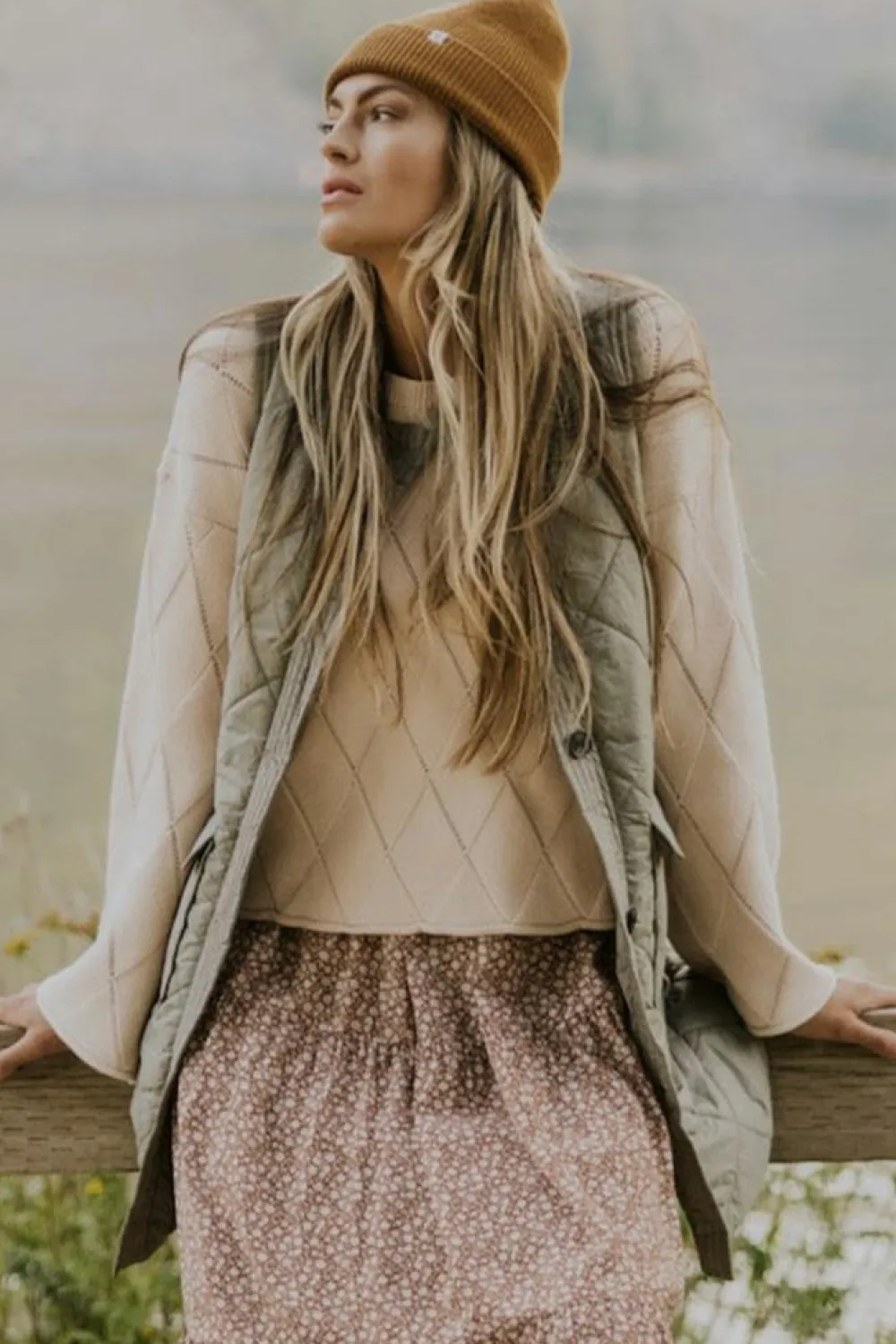 Fashion Dear-Lover Quilted Long Vest Jacket with Pockets Grass Green