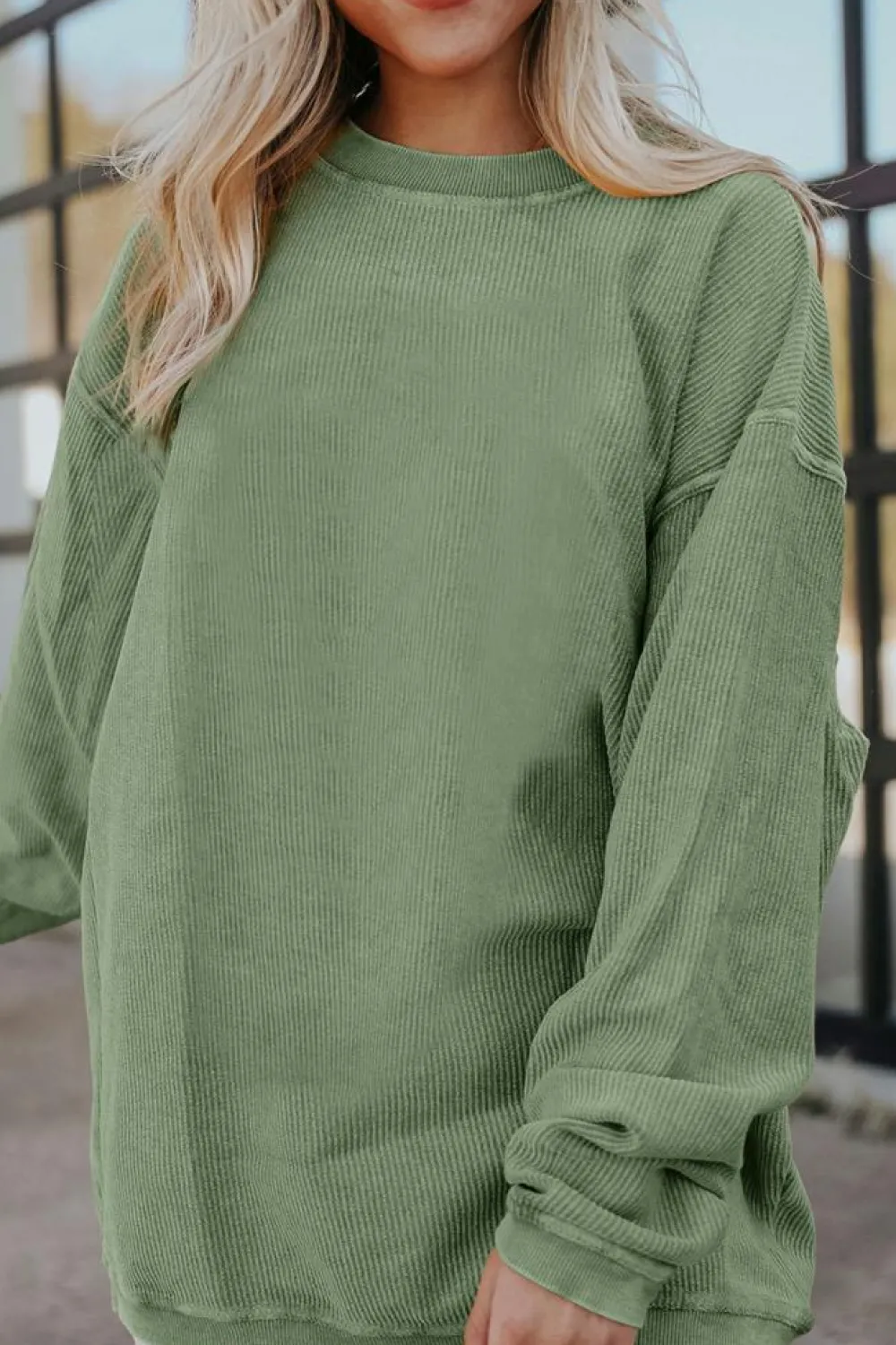 Clearance Dear-Lover Ribbed Corduroy Oversized Sweatshirt Grass Green