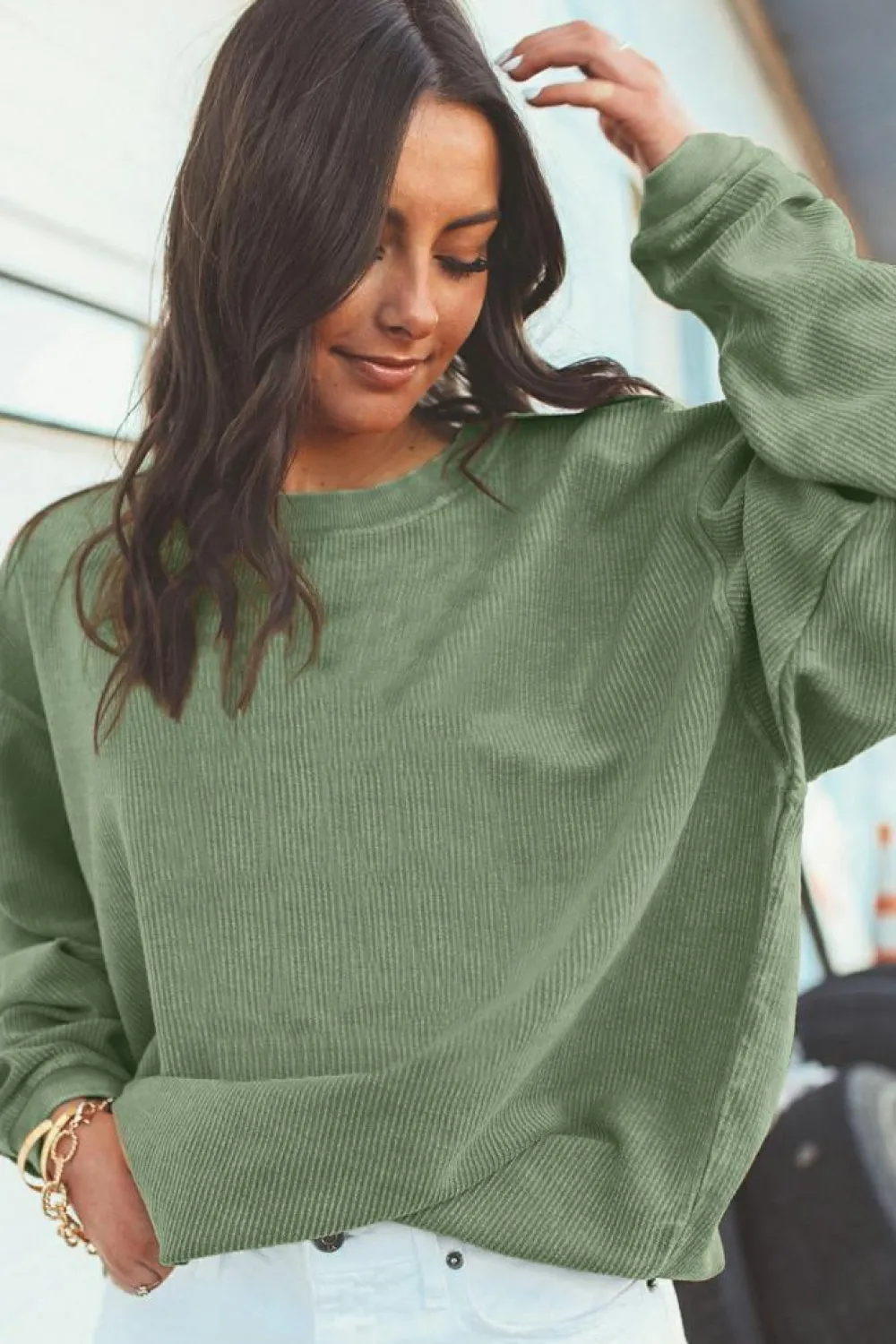 Clearance Dear-Lover Ribbed Corduroy Oversized Sweatshirt Grass Green