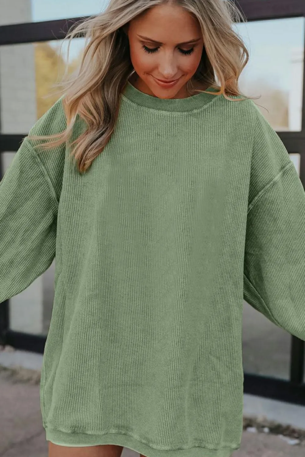 Clearance Dear-Lover Ribbed Corduroy Oversized Sweatshirt Grass Green