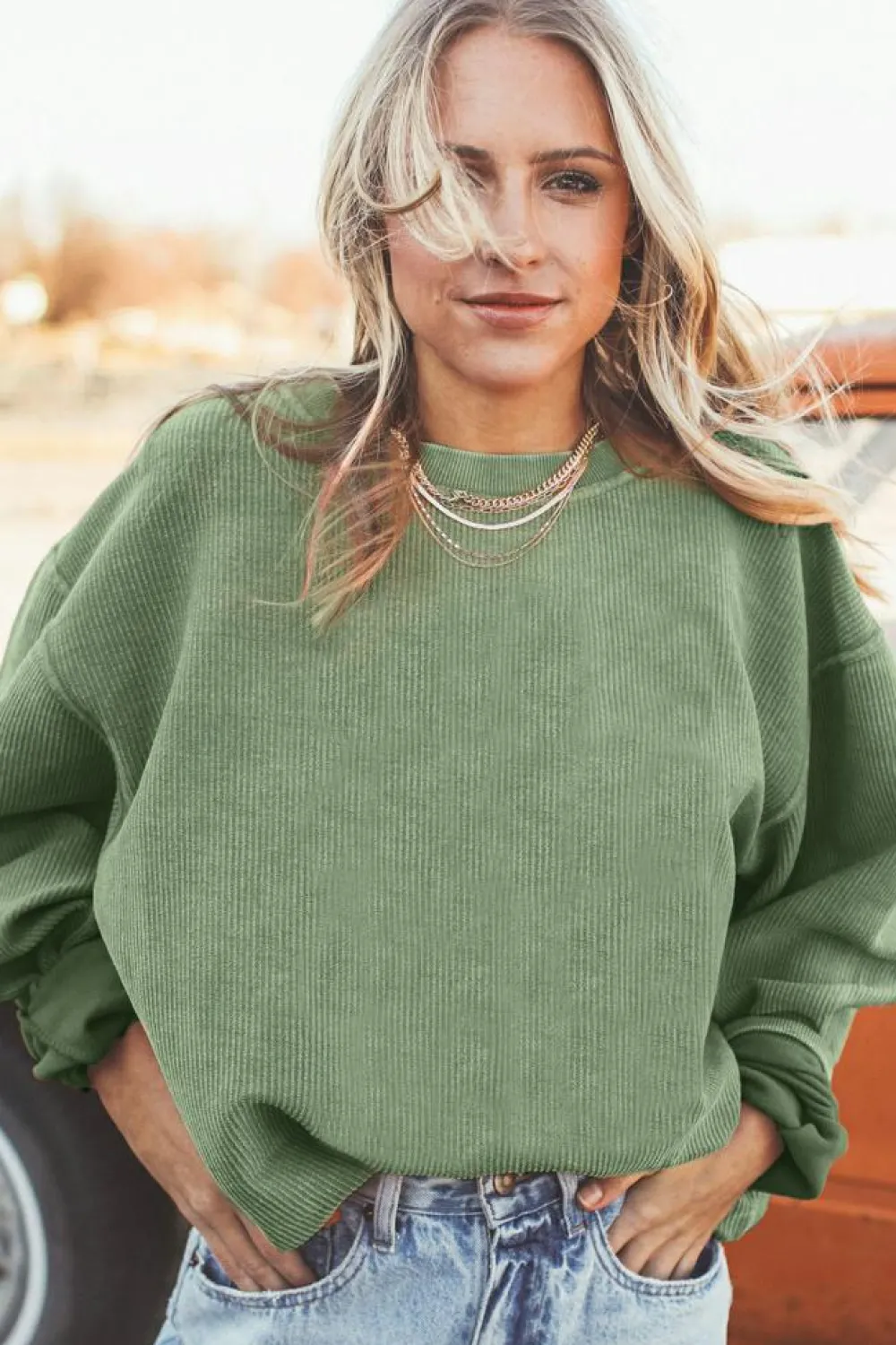 Clearance Dear-Lover Ribbed Corduroy Oversized Sweatshirt Grass Green