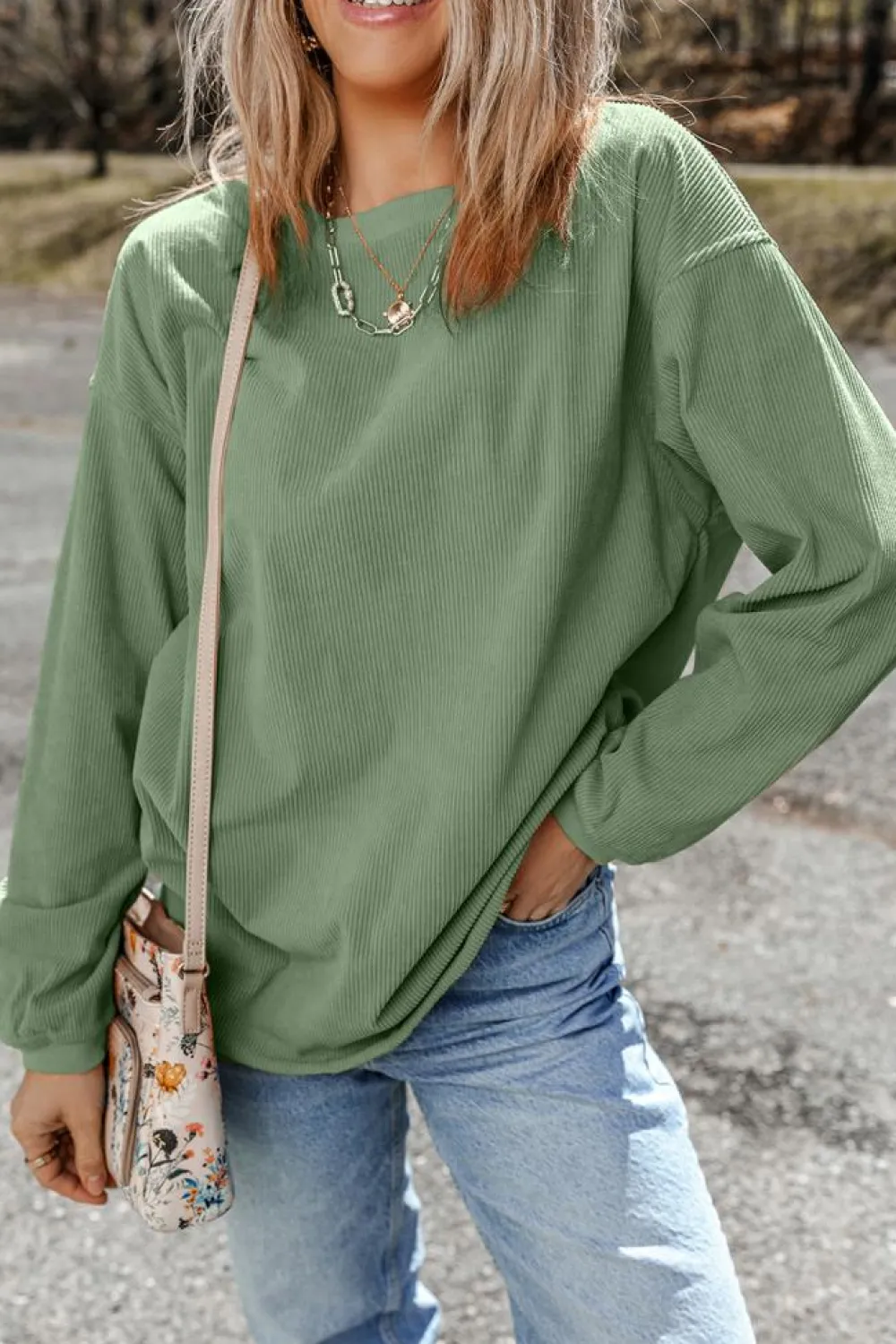 Clearance Dear-Lover Ribbed Corduroy Oversized Sweatshirt Grass Green
