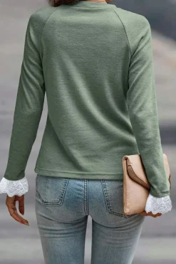 New Dear-Lover Seam Detail Lace Contrast Cuffs Raglan Sleeve Top Grass Green