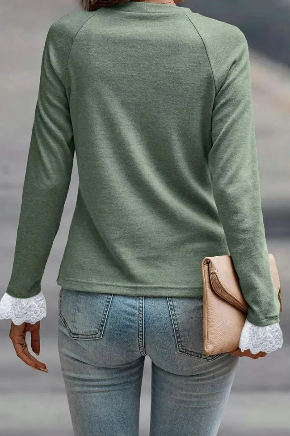 New Dear-Lover Seam Detail Lace Contrast Cuffs Raglan Sleeve Top Grass Green
