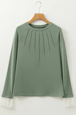 New Dear-Lover Seam Detail Lace Contrast Cuffs Raglan Sleeve Top Grass Green