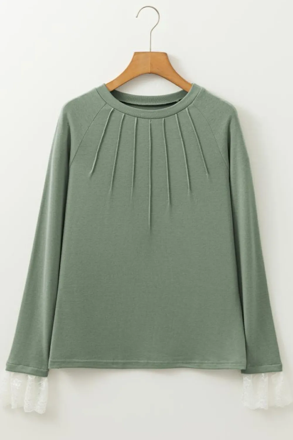 New Dear-Lover Seam Detail Lace Contrast Cuffs Raglan Sleeve Top Grass Green