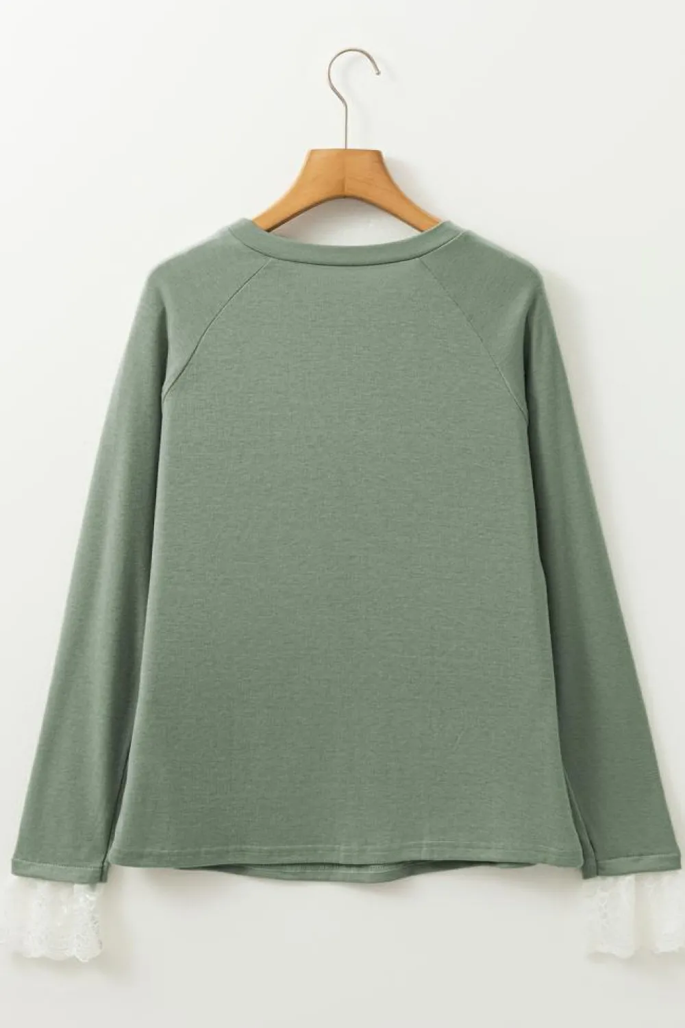 New Dear-Lover Seam Detail Lace Contrast Cuffs Raglan Sleeve Top Grass Green