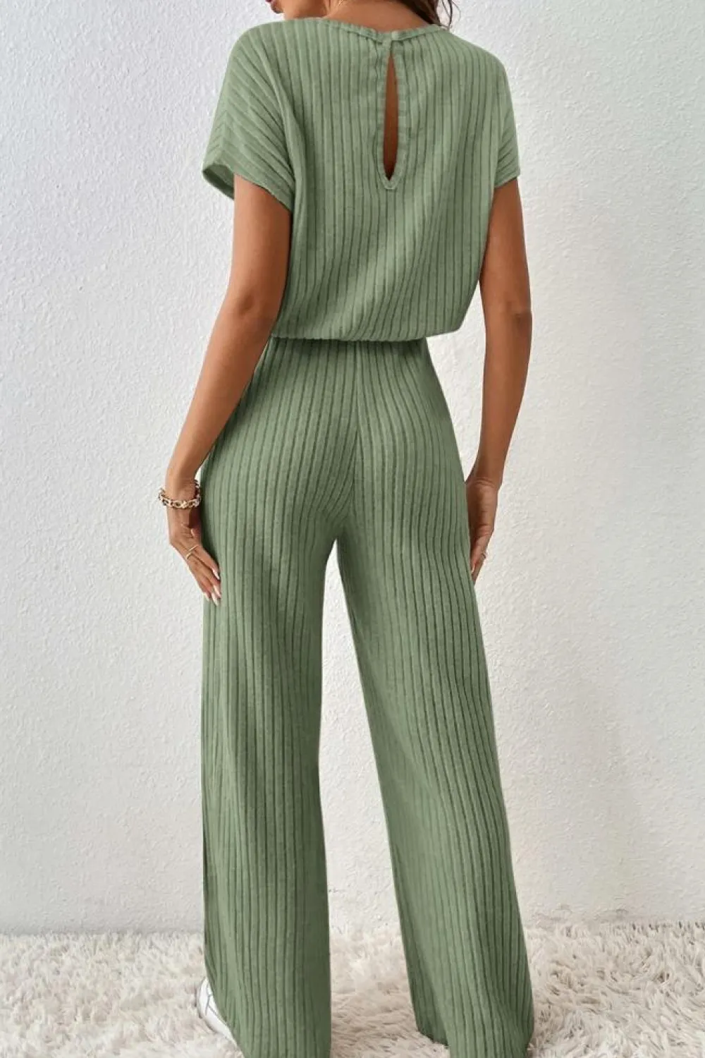 Best Dear-Lover Solid Color Ribbed Short Sleeve Wide Leg Jumpsuit Grass Green