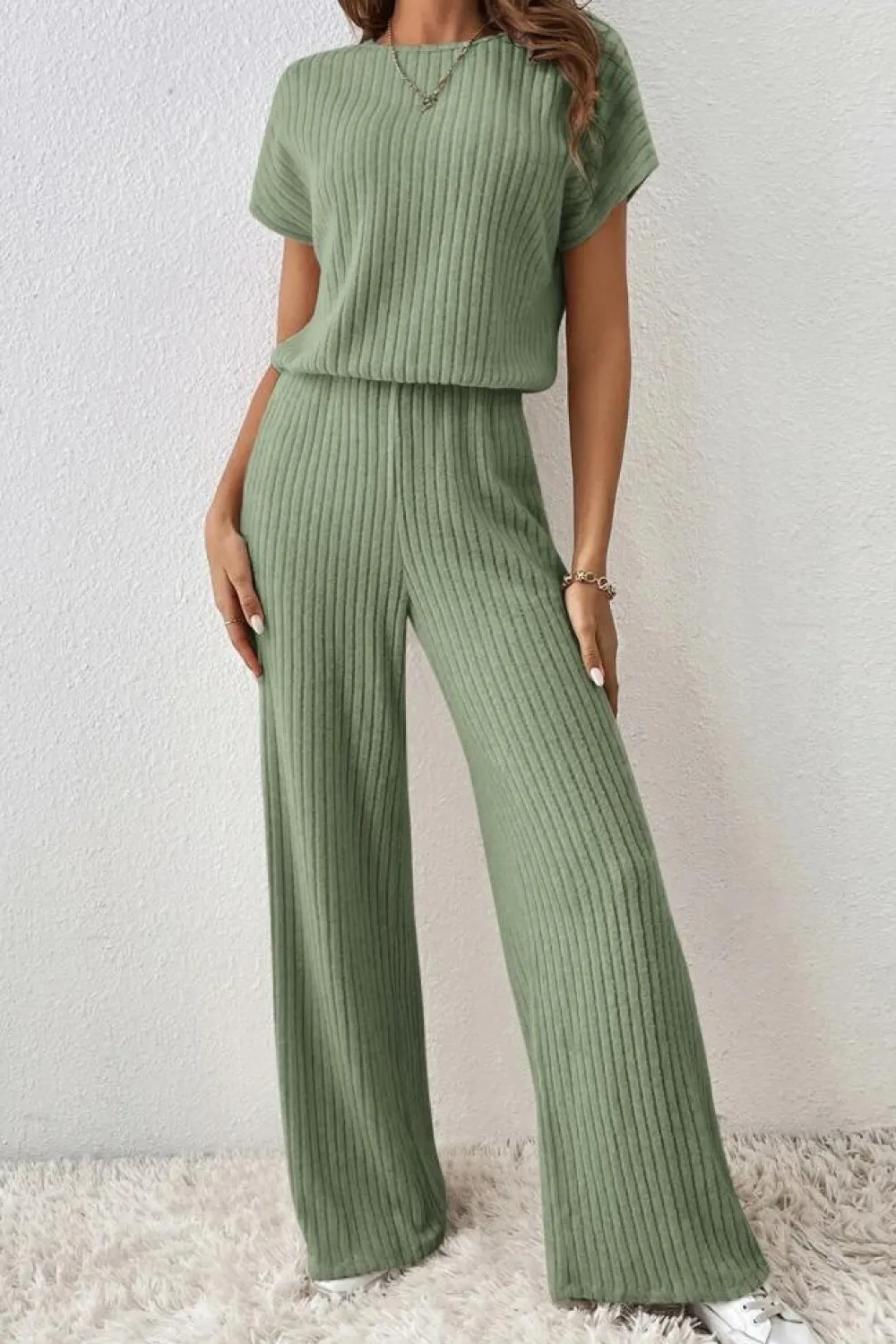 Best Dear-Lover Solid Color Ribbed Short Sleeve Wide Leg Jumpsuit Grass Green