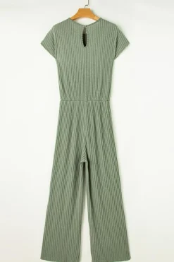 Best Dear-Lover Solid Color Ribbed Short Sleeve Wide Leg Jumpsuit Grass Green