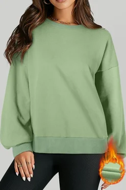 Discount Dear-Lover Solid Fleece Lined Drop Shoulder High Low Sweatshirt Grass Green