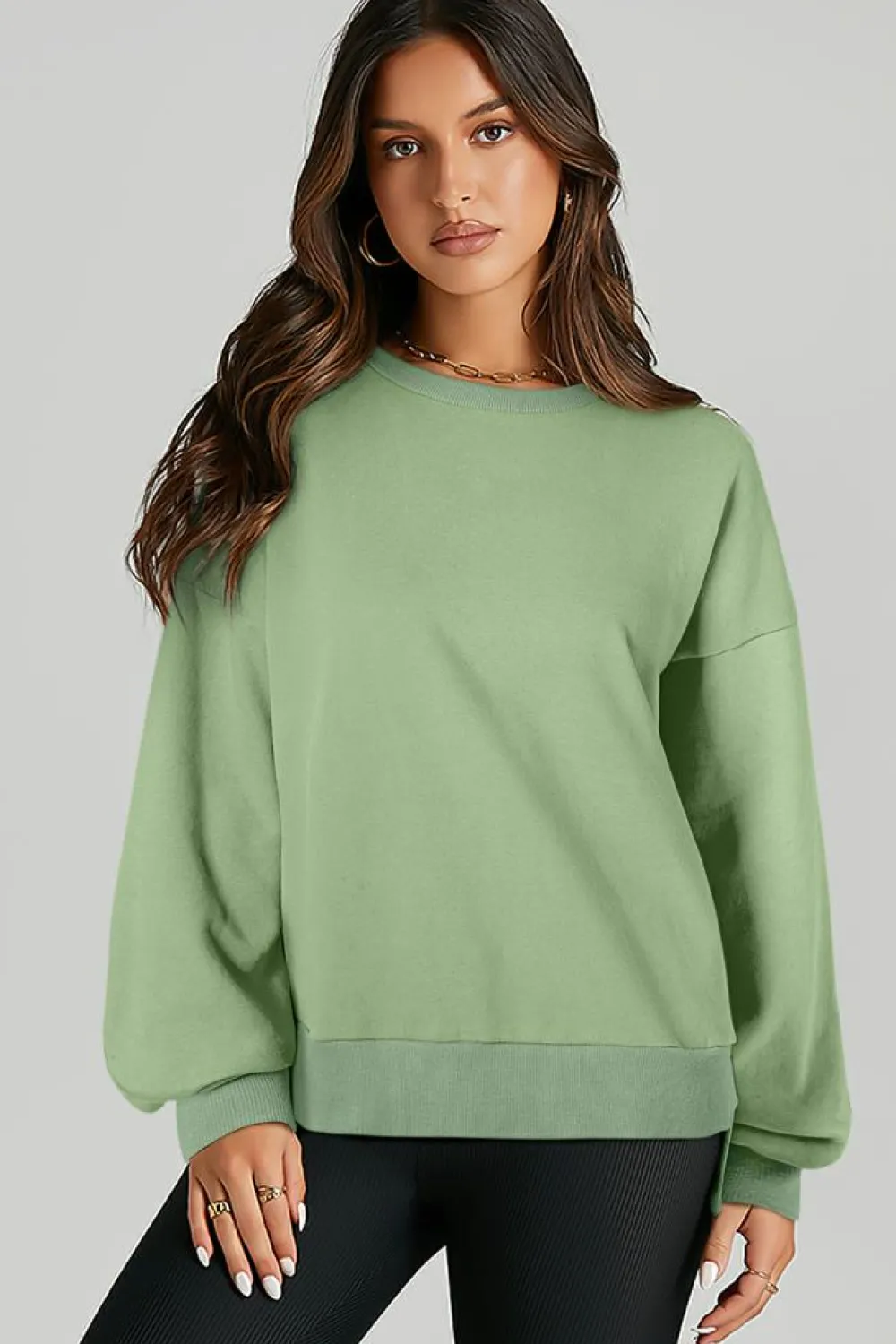 Discount Dear-Lover Solid Fleece Lined Drop Shoulder High Low Sweatshirt Grass Green