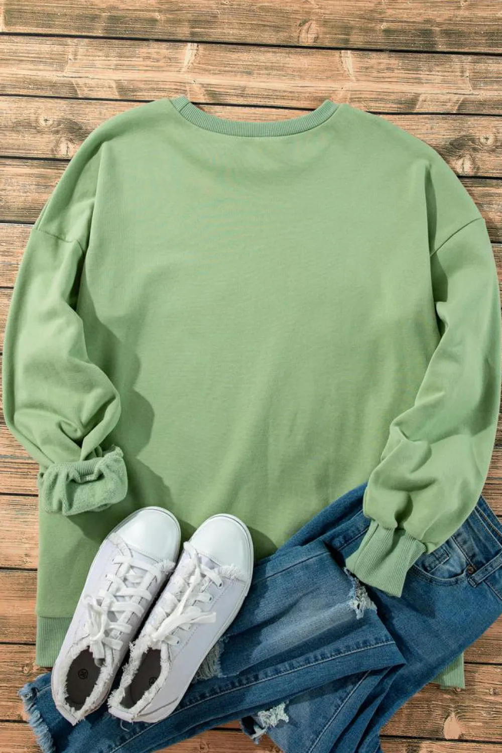 Discount Dear-Lover Solid Fleece Lined Drop Shoulder High Low Sweatshirt Grass Green