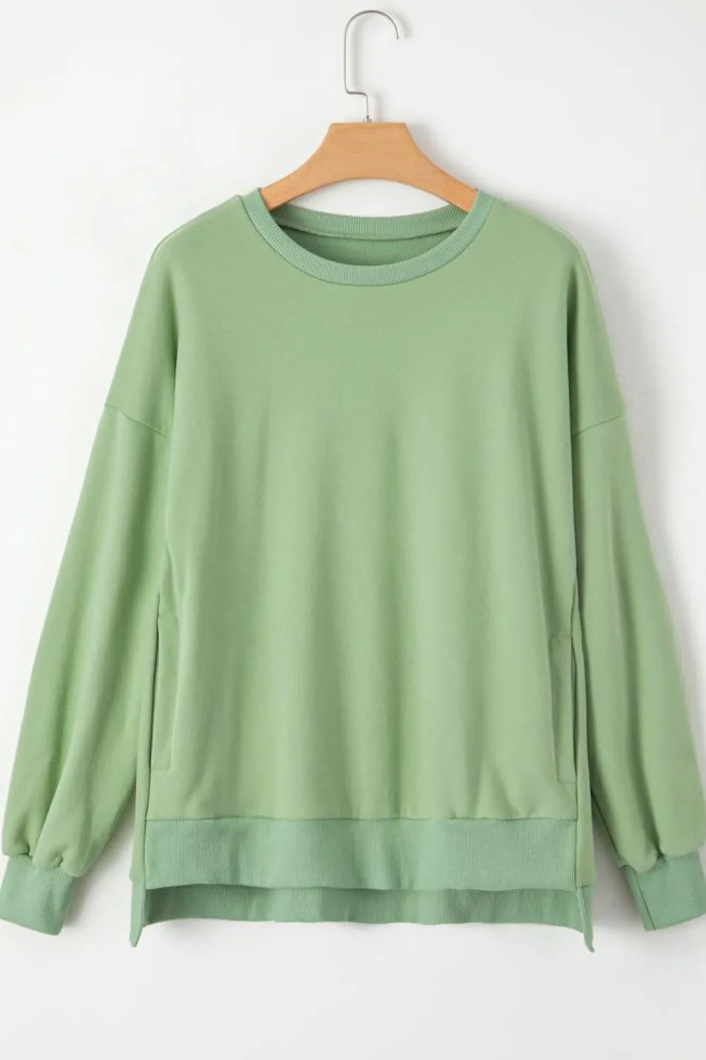 Discount Dear-Lover Solid Fleece Lined Drop Shoulder High Low Sweatshirt Grass Green