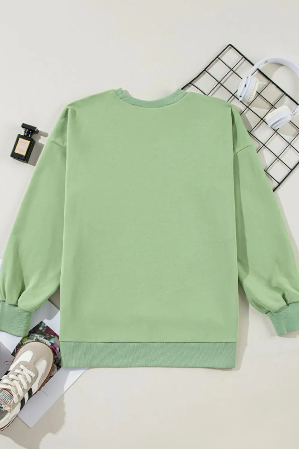 Discount Dear-Lover Solid Fleece Lined Drop Shoulder High Low Sweatshirt Grass Green
