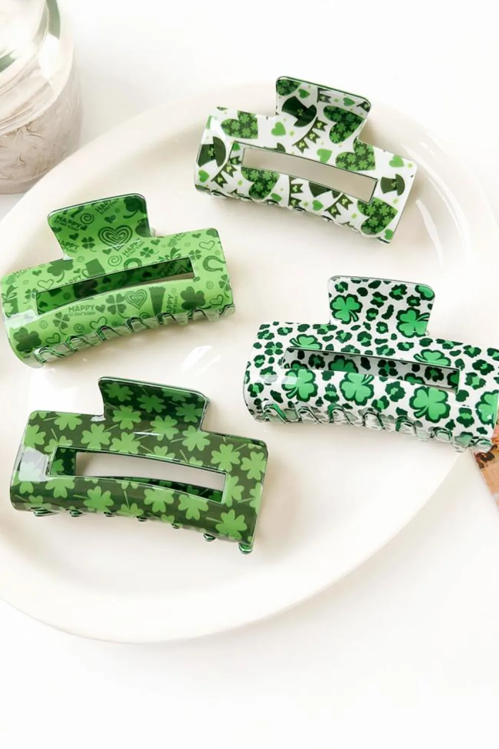 Outlet Dear-Lover St Patricks Clover Print Hollow Out Square Hair Clip Grass Green