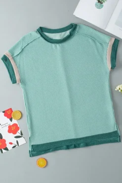 Fashion Dear-Lover Textured Contrast Trim Round Neck T Shirt Grass Green