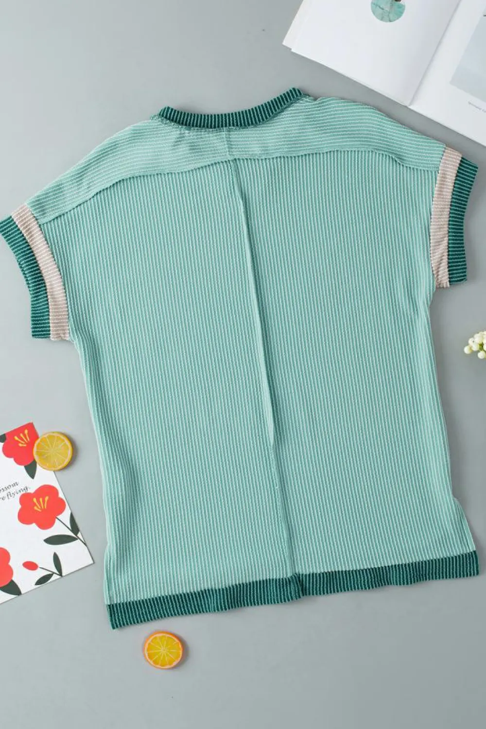 Fashion Dear-Lover Textured Contrast Trim Round Neck T Shirt Grass Green