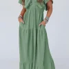 Best Dear-Lover Textured V Neck Flutter Sleeve Ruffled Maxi Dress Grass Green
