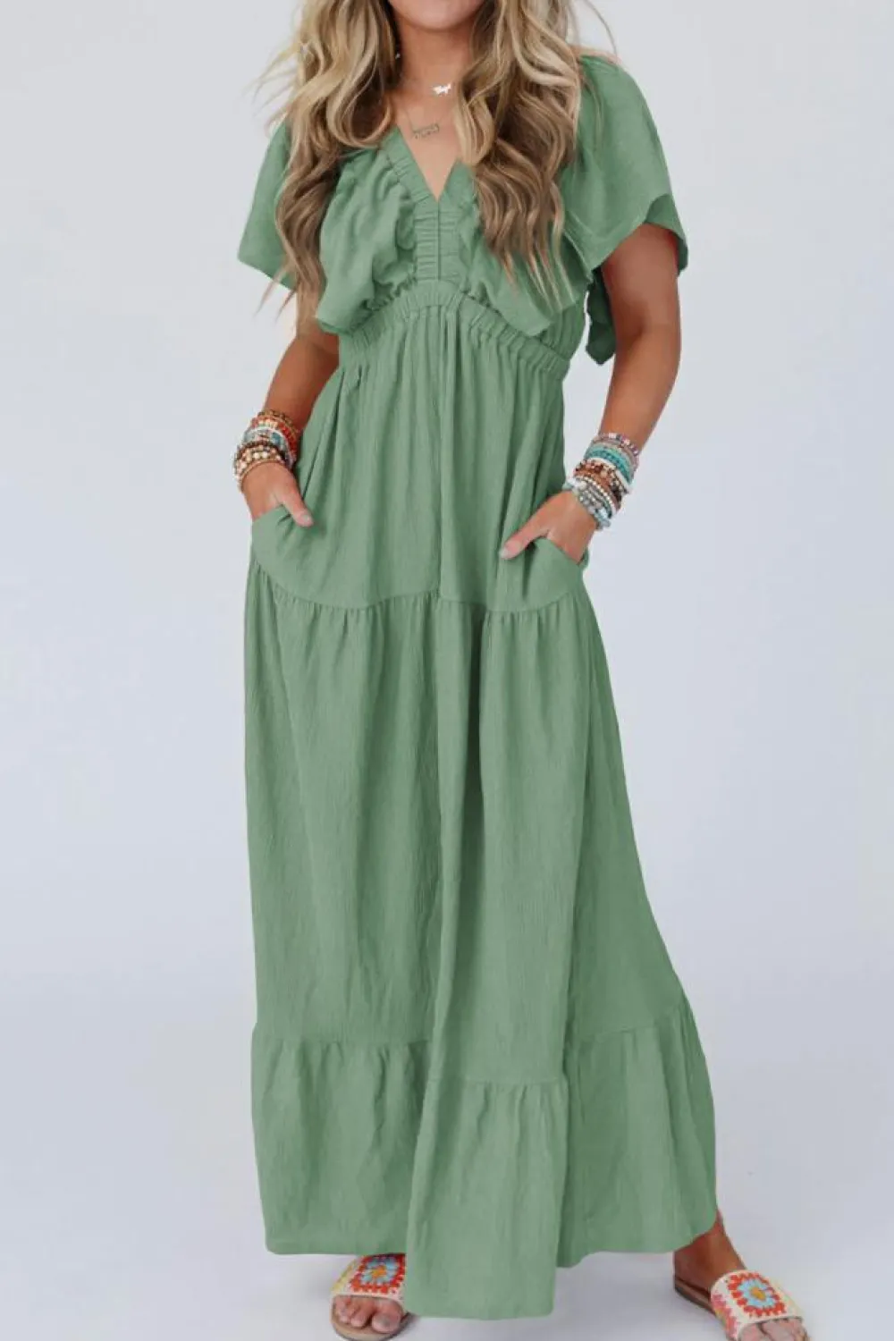 Best Dear-Lover Textured V Neck Flutter Sleeve Ruffled Maxi Dress Grass Green
