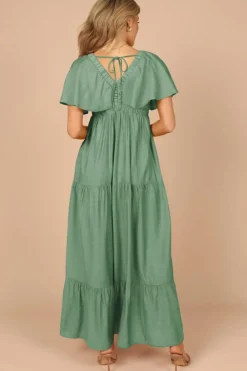 Best Dear-Lover Textured V Neck Flutter Sleeve Ruffled Maxi Dress Grass Green