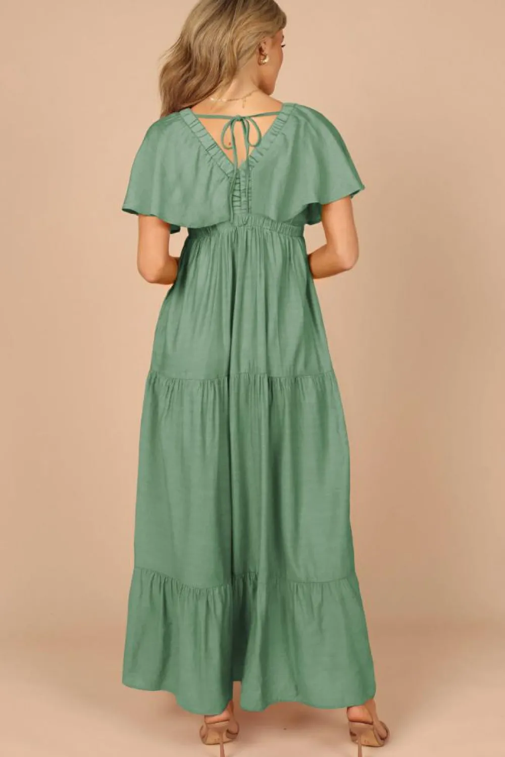 Best Dear-Lover Textured V Neck Flutter Sleeve Ruffled Maxi Dress Grass Green