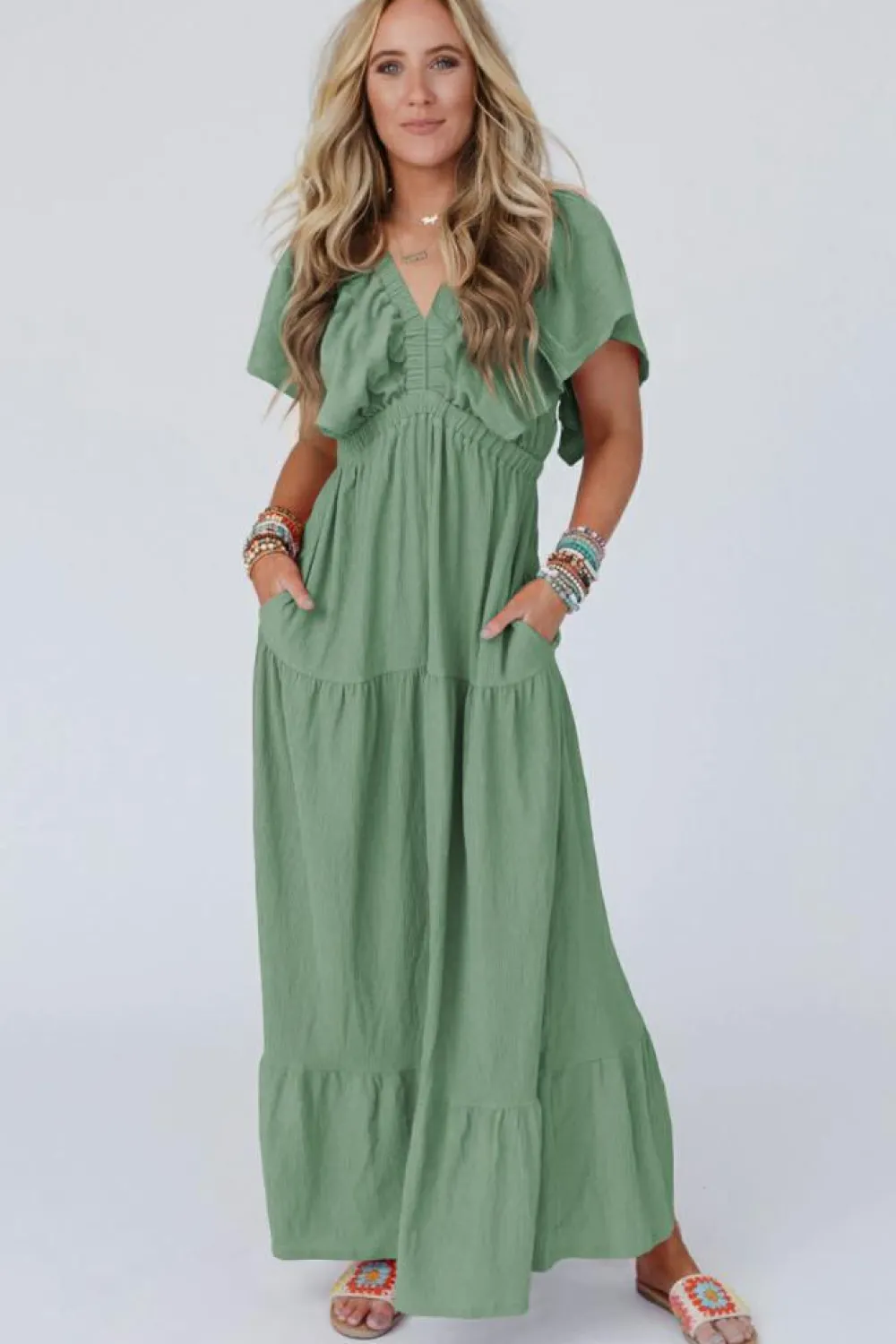 Best Dear-Lover Textured V Neck Flutter Sleeve Ruffled Maxi Dress Grass Green