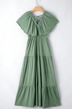 Best Dear-Lover Textured V Neck Flutter Sleeve Ruffled Maxi Dress Grass Green
