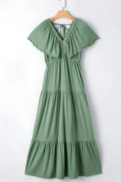 Best Dear-Lover Textured V Neck Flutter Sleeve Ruffled Maxi Dress Grass Green