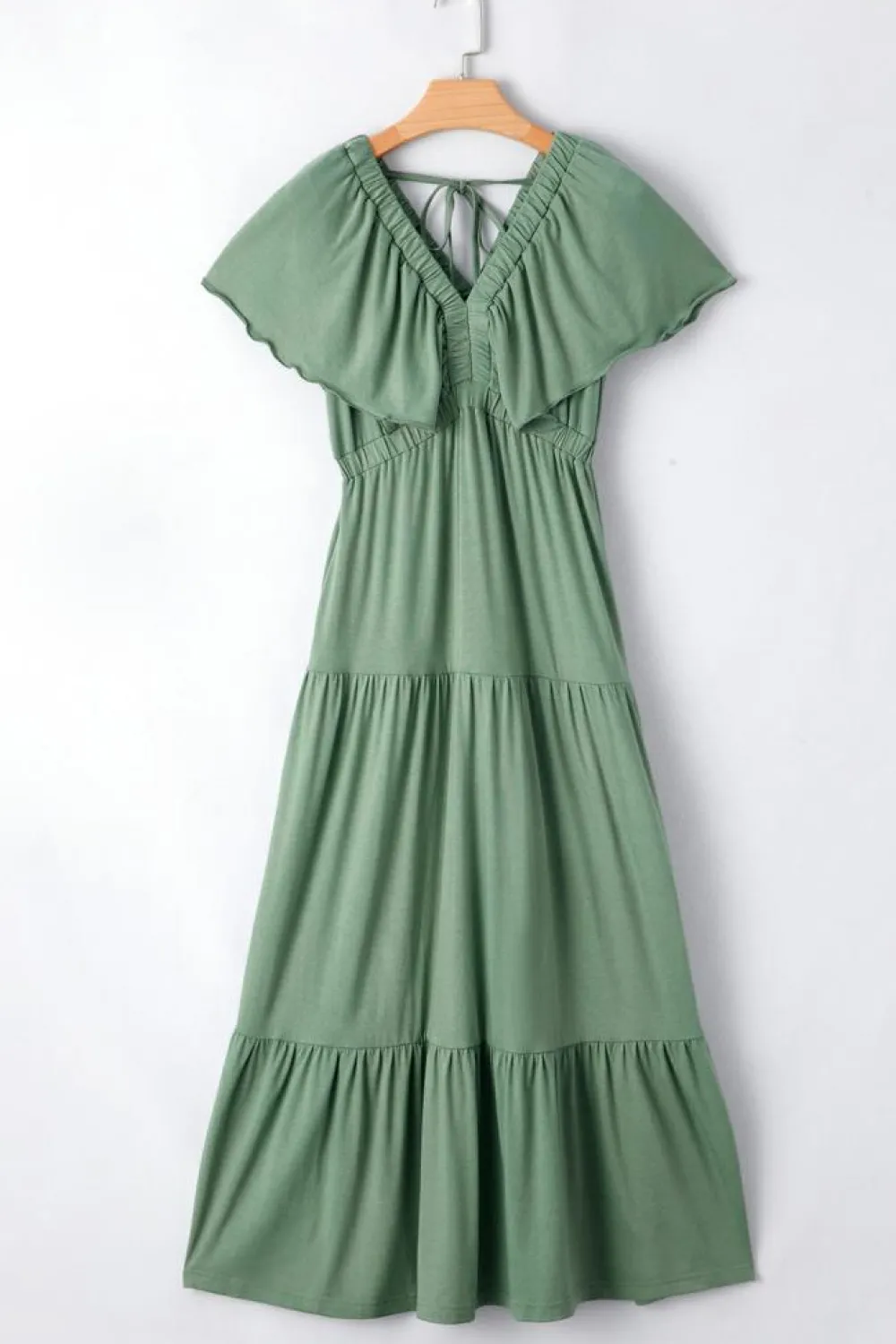 Best Dear-Lover Textured V Neck Flutter Sleeve Ruffled Maxi Dress Grass Green
