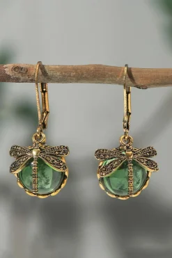 Sale Dear-Lover Vintage Dragonfly Crystal Pendant Earrings Grass Green