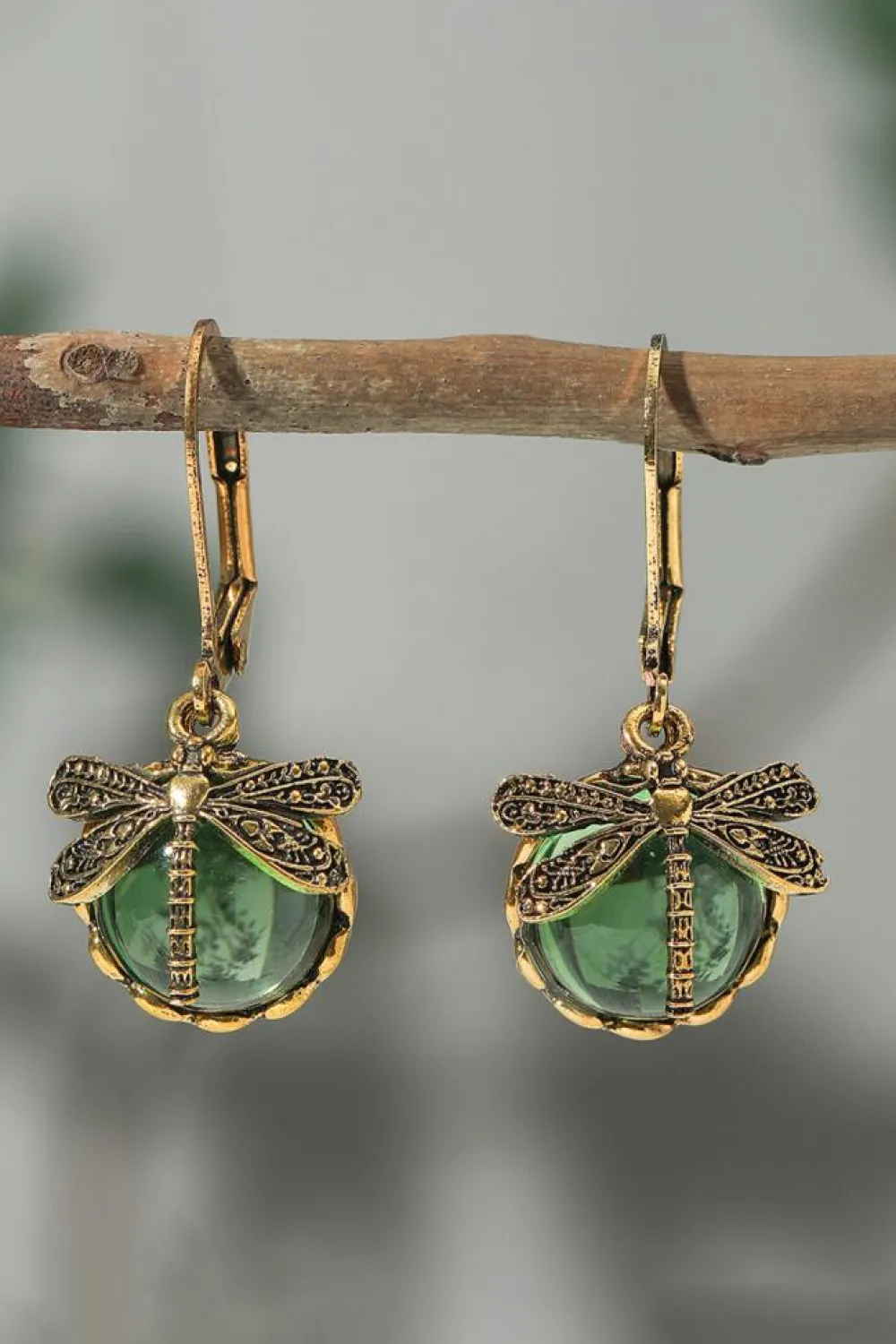 Sale Dear-Lover Vintage Dragonfly Crystal Pendant Earrings Grass Green