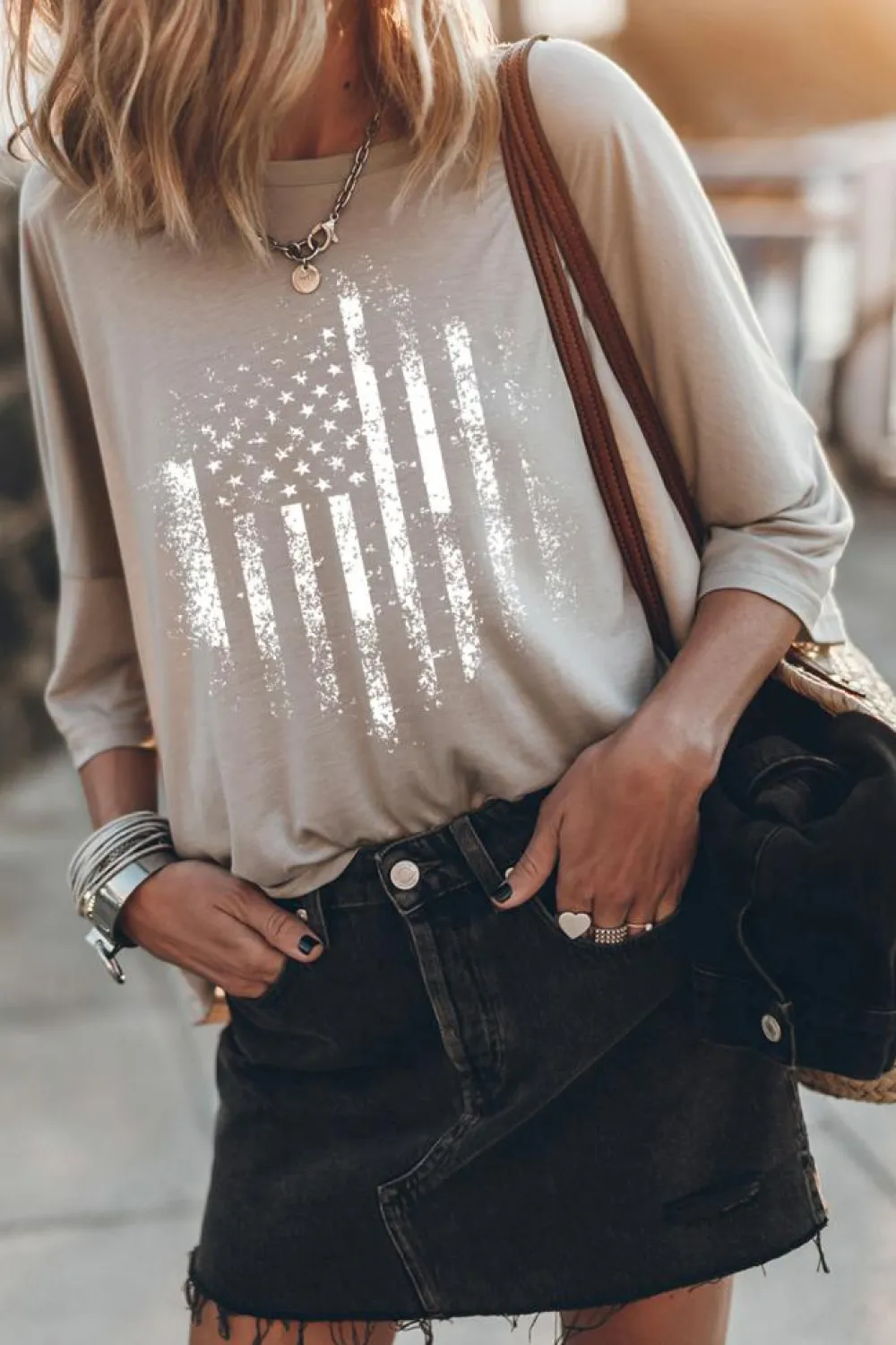 Discount Dear-Lover American Flag Print Loose Fit 3/4 Sleeve Top Gray