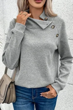 Outlet Dear-Lover Asymmetric Buttons Detail High Neck Textured Sweatshirt Gray