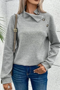 Outlet Dear-Lover Asymmetric Buttons Detail High Neck Textured Sweatshirt Gray