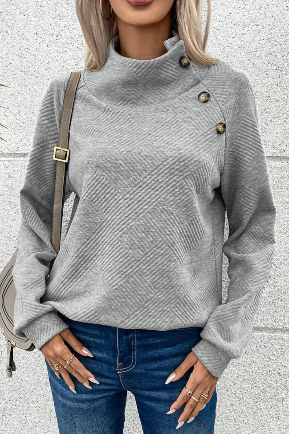 Outlet Dear-Lover Asymmetric Buttons Detail High Neck Textured Sweatshirt Gray