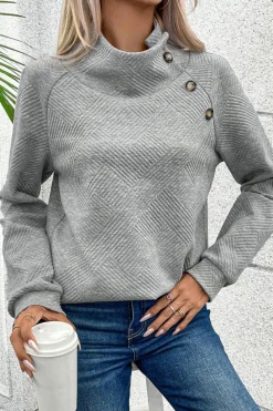 Outlet Dear-Lover Asymmetric Buttons Detail High Neck Textured Sweatshirt Gray