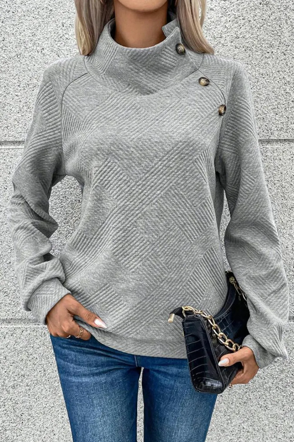 Outlet Dear-Lover Asymmetric Buttons Detail High Neck Textured Sweatshirt Gray