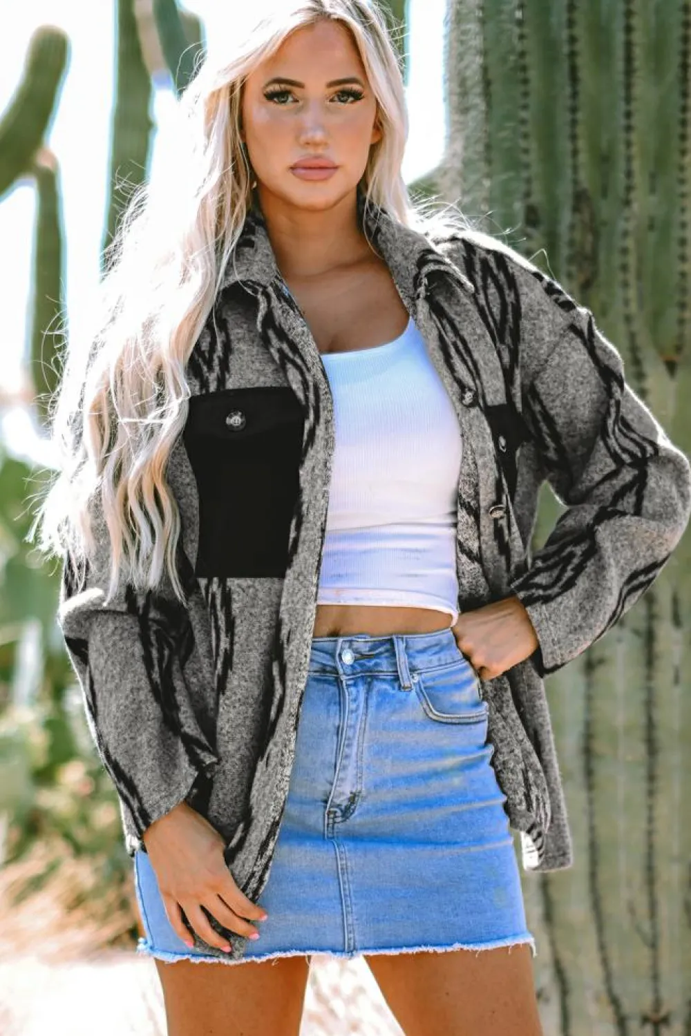 Best Dear-Lover Aztec Contrast Chest Pockets Loose Shacket Gray